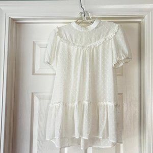 Anthro ivory sheer swiss dot ruffle hem blouse, XS